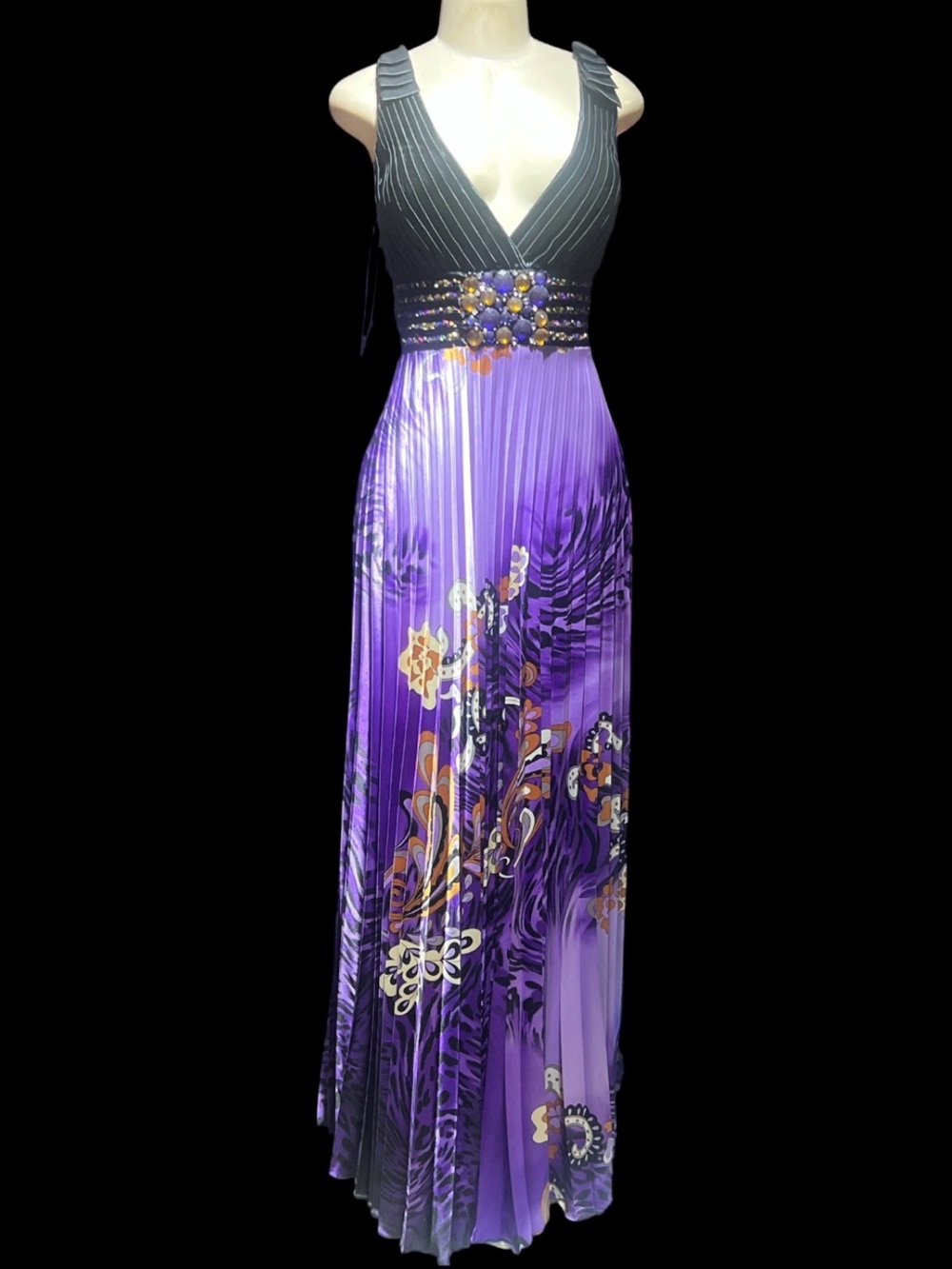 Aspeed Purple and Black Pleated Maxi Dress with Beaded Waist